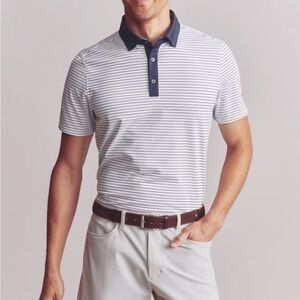 RHONE Bright White/True Navy Stripe Golf Sport Polo Size Medium